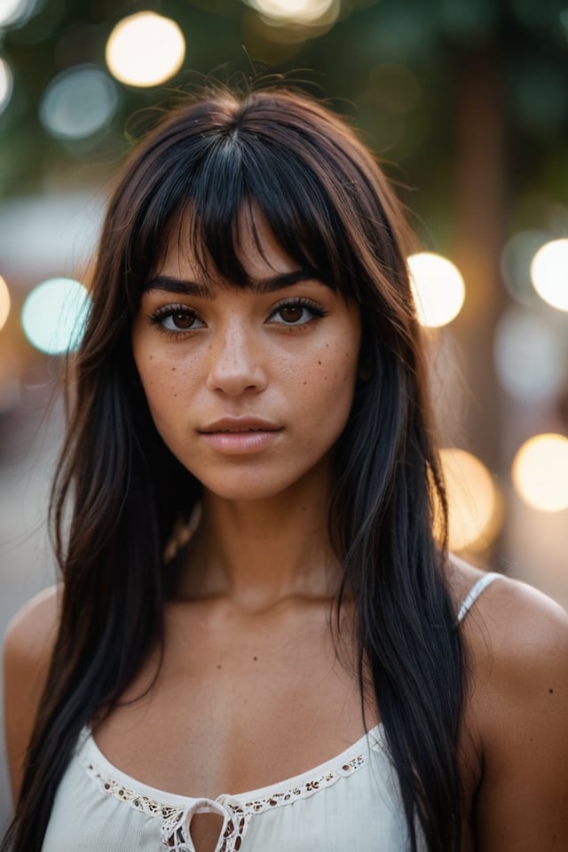 cinematic photo 1girl, brazilian, brown skin, black long hair, fringe, freckles, standing, . 35mm photograph, film, bokeh, professional, 4k, highly detailed
