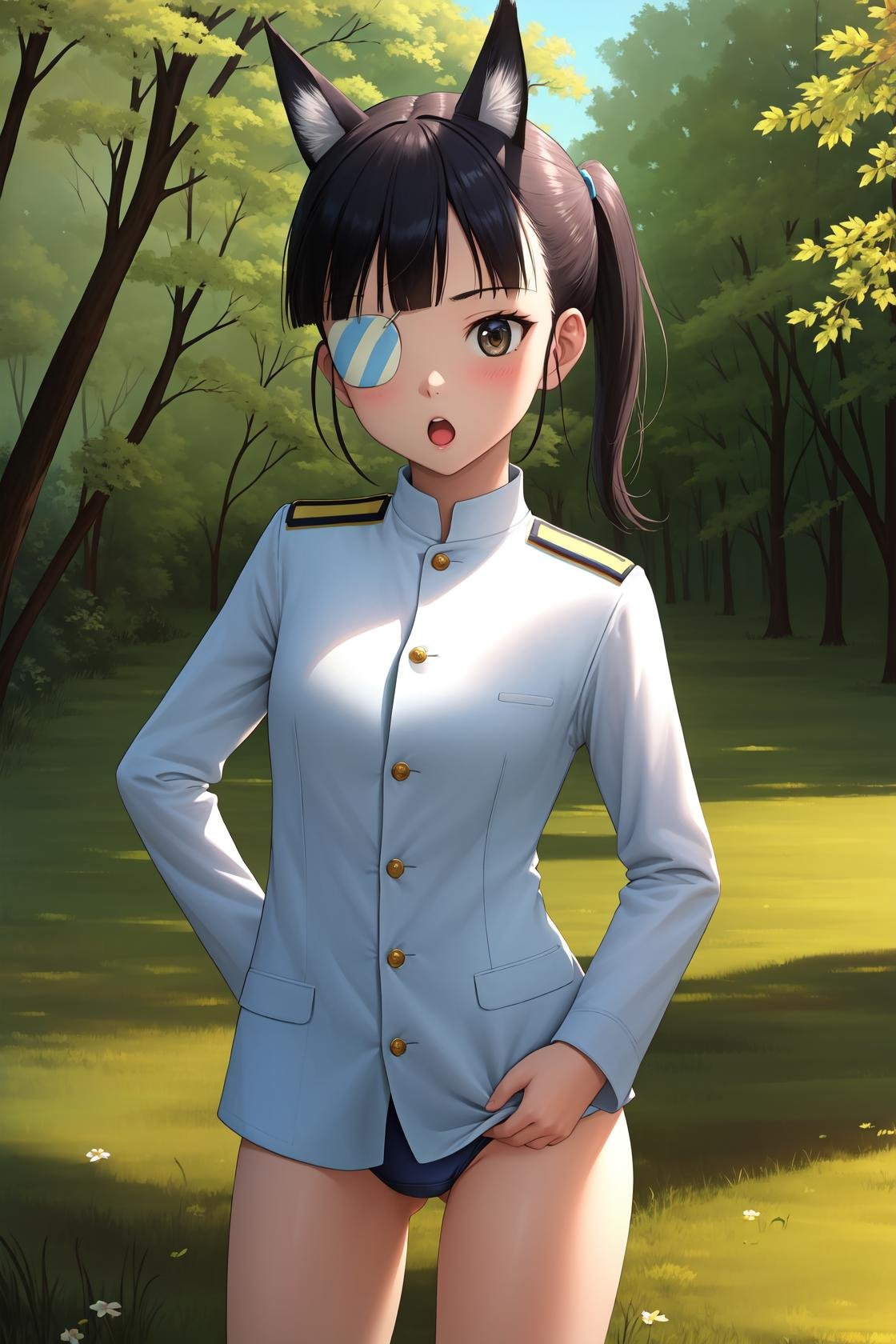 masterpiece, best quality, highres,SakamotoAi, 1girl, solo, long hair, breasts, blush, open mouth, black hair, brown eyes, medium breasts, ponytail, :o, eyepatch, animal ears, bangs, tail, dog ears, dog tail, dog girl,long sleeves, uniform, military, military uniform, open clothes, striker unit, bare legs, old school swimsuit, swimsuit under clothes, sakamoto mio,cowboy shot, standing, looking at viewer, hands on own hips, outdoors, grass, field, forest, sunlight, sky, blue sky, <lora:Sakamoto:1>