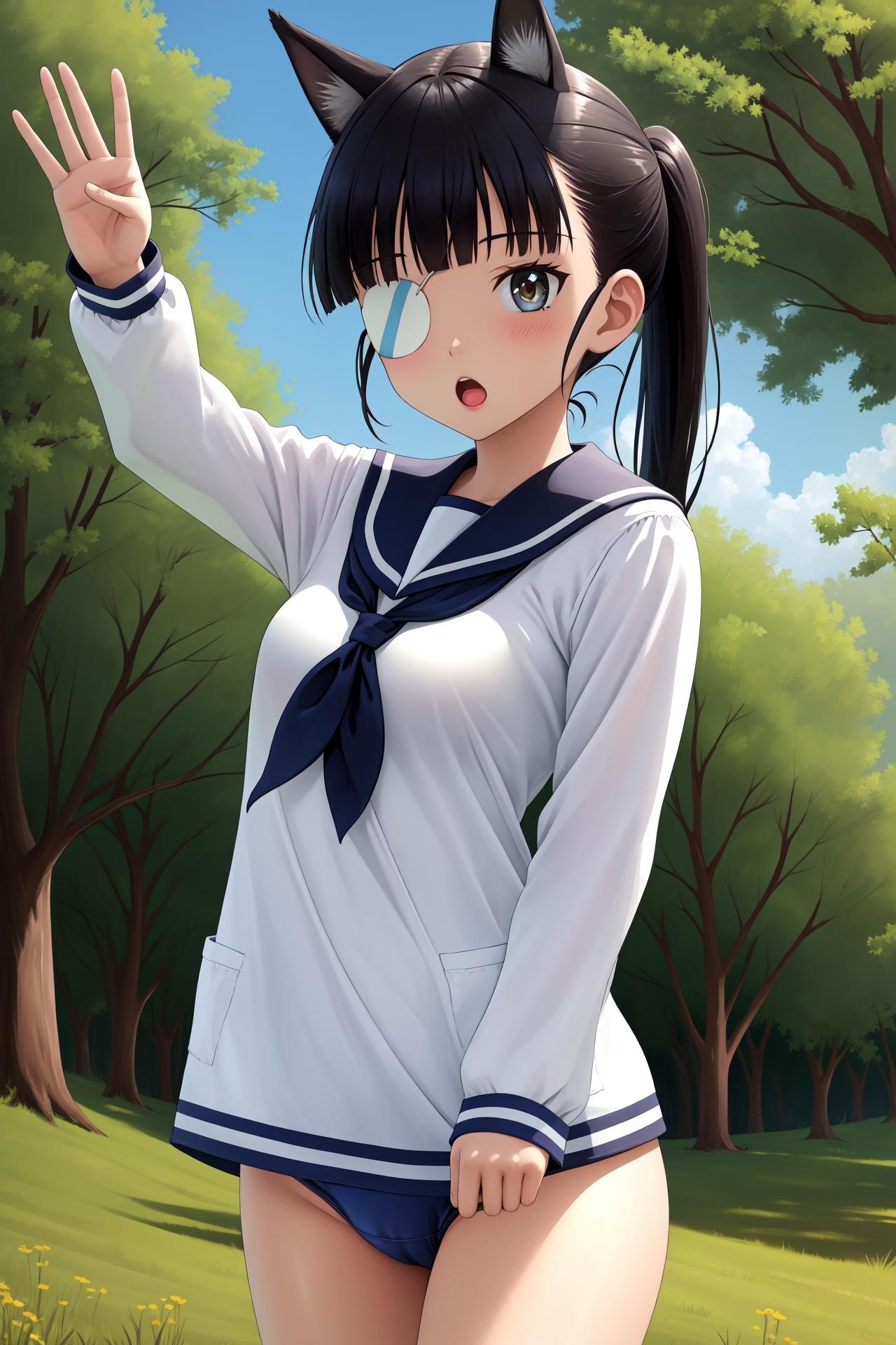 masterpiece, best quality, highres,SakamotoAi, 1girl, solo, brown eyes, long hair, breasts, blush, open mouth, black hair, eyepatch, medical eyepatch, medium breasts, ponytail, :o, animal ears, bangs, tail, dog ears, dog tail, dog girl, sakamoto mio,long sleeves, school uniform, white shirt, sailor collar, neckerchief, serafuku, blue neckerchief, black neckerchief, swimsuit, uniform, one-piece swimsuit, school swimsuit, swimsuit under clothes, blue sailor collar, blue one-piece swimsuit, blue neckerchief, old school swimsuit, cameltoe,cowboy shot, standing, waving arms, waving, looking at viewer, outdoors, grass, field, forest, sunlight, sky, blue sky, <lora:Sakamoto:1>