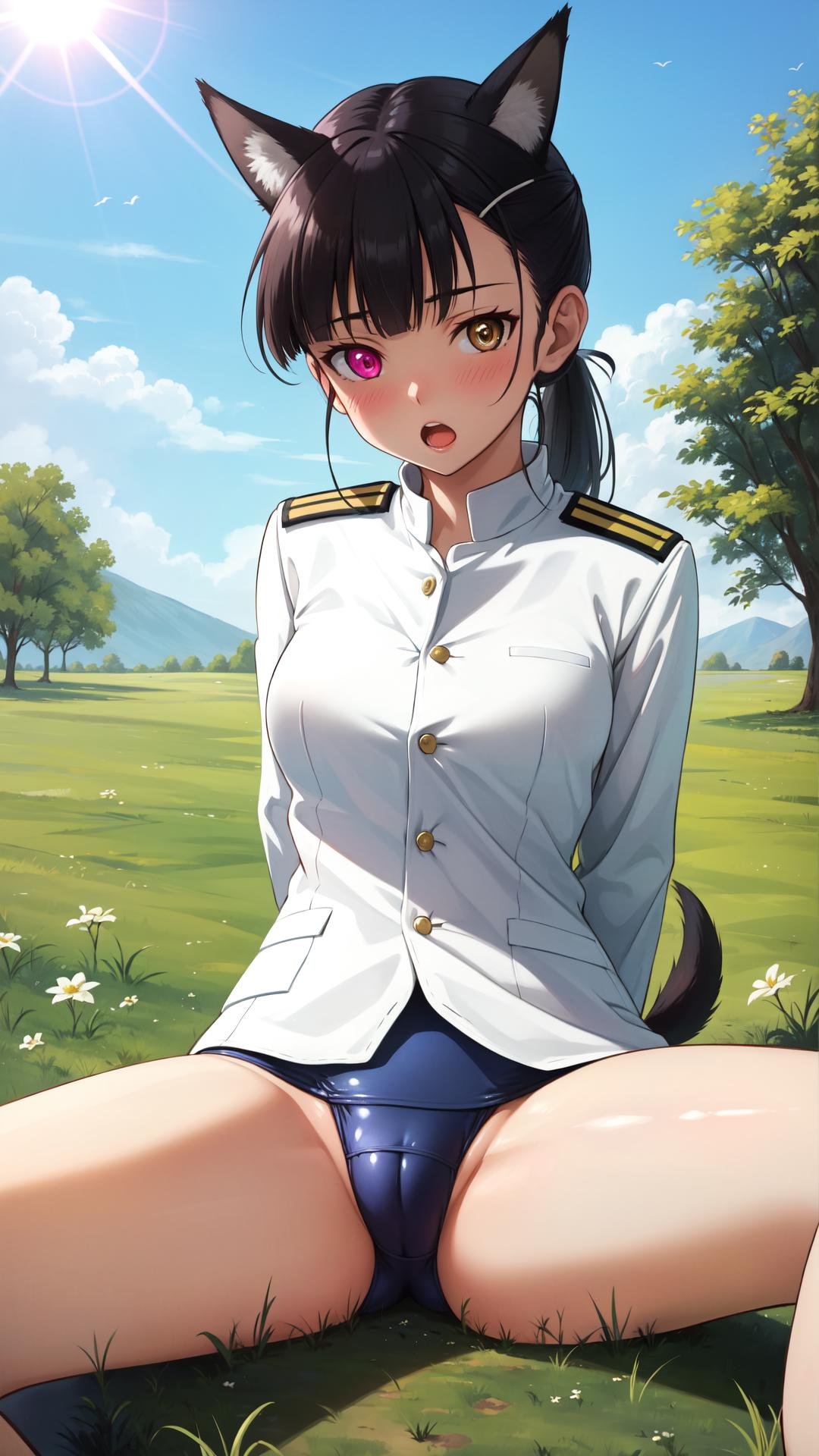 masterpiece, best quality, highres,SakamotoAi, 1girl, solo, long hair, breasts, blush, open mouth, black hair, brown eyes, pink eyes, heterochromia, medium breasts, ponytail, :o, animal ears, bangs, tail, dog ears, dog tail, dog girl, sakamoto mio,long sleeves, uniform, military, military uniform, collar, buttons, striker unit, bare legs, old school swimsuit, swimsuit under clothes, cameltoe,cowboy shot, sitting, spread legs, looking at viewer, arms behind back, outdoors, grass, field, forest, sunlight, sky, blue sky, <lora:Sakamoto:1>