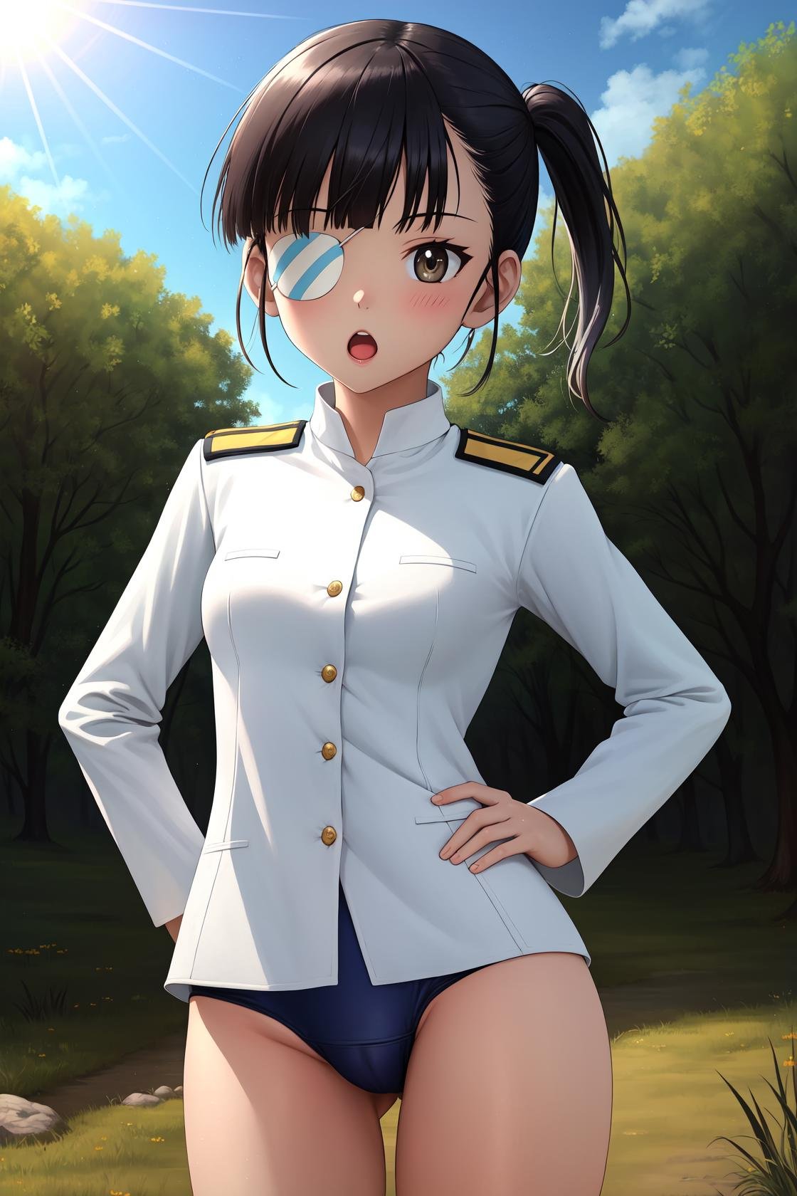 masterpiece, best quality, highres,SakamotoAi, 1girl, solo, long hair, breasts, blush, open mouth, black hair, brown eyes, medium breasts, ponytail, :o, eyepatch, bangs, long sleeves, uniform, military, military uniform, collar, buttons, striker unit, bare legs, old school swimsuit, swimsuit under clothes, cameltoe,cowboy shot, standing, looking at viewer, hands on own hips, outdoors, grass, field, forest, sunlight, sky, blue sky, <lora:Sakamoto:1>