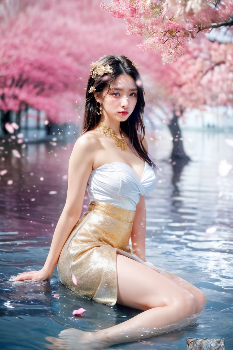photorealistic, pastel blue and pink tone,moody color tone, ultra-detailed, finely detailed, high resolution, 1 girl, cherry blossom garden on reflect water scene,no green leaf, low water at the ankles, ((beautiful eyes)), very delicate light, water spray, ( white dress with gold decoration), wrinkled skirt, (staring blankly, lovely big eyes), messy_hair, payot, Flowers, splashing water, falling petals,CTCTL,xxmixgirl,photorealistic,JeeSoo<lora:EMS-317820-EMS:0.800000>, <lora:EMS-179-EMS:0.800000>