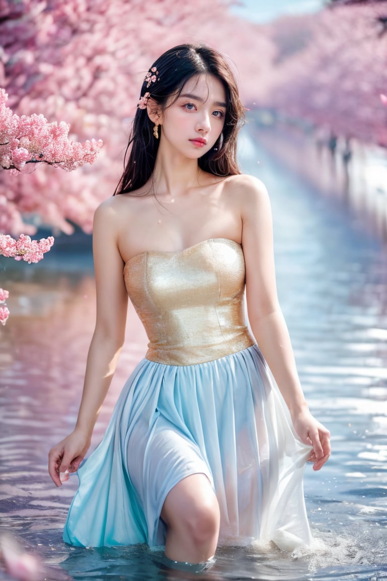 photorealistic, pastel blue and pink tone,moody color tone, ultra-detailed, finely detailed, high resolution, 1 girl, cherry blossom garden on reflect water scene,no green leaf, low water at the ankles, ((beautiful eyes)), very delicate light, water spray, ( white dress with gold decoration), wrinkled skirt, (staring blankly, lovely big eyes), messy_hair, payot, Flowers, splashing water, falling petals,CTCTL,xxmixgirl,photorealistic,JeeSoo<lora:EMS-179-EMS:0.800000>, <lora:EMS-317820-EMS:0.800000>