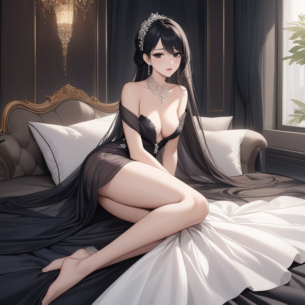 1gril\(sophisticated 32-year-old European noblewoman with long black hair, a teardrop mole near her right eye, and statuesque long legs,black eyes,C CUP\),
Draped in delicate chiffon fabric, adorned with a luxurious gown and exquisite clothing,
Exuding sensuality, intelligence, and elegance,