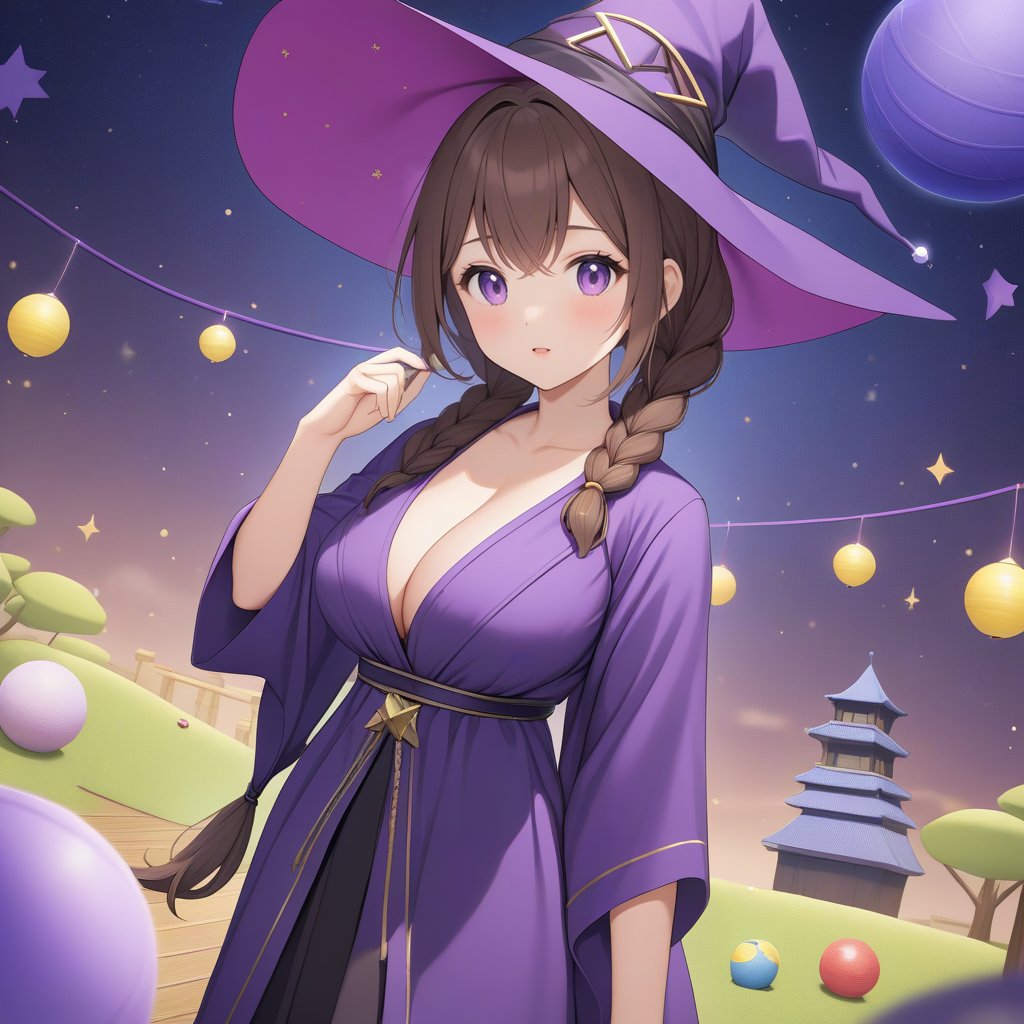 1gril\(25-year-old woman with brown hair tied in two braids,big breasts,purple eyes\),Wearing a purple cloth robe, adorned with a purple witch hat,
playfu,mysterious,