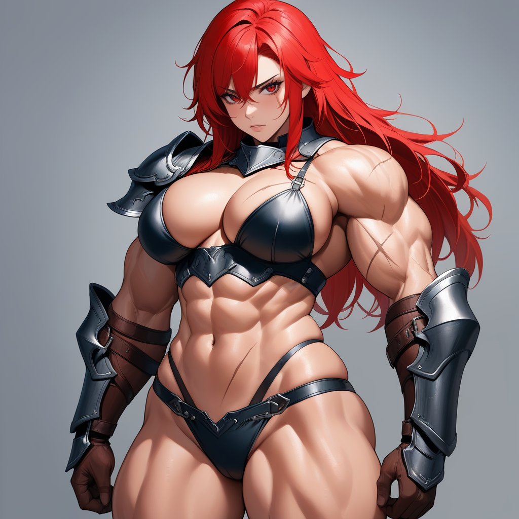 1gril\(30-year-old woman with a tall and imposing figure, deep-colored skin, disheveled long red hair, a sharply angled face, and red eyes,D CUP\),
Clad in bikini-style armor made of leather, showcasing muscles - biceps, and abdominal muscles, adorned with scars,
exuding a bold and robust presence,