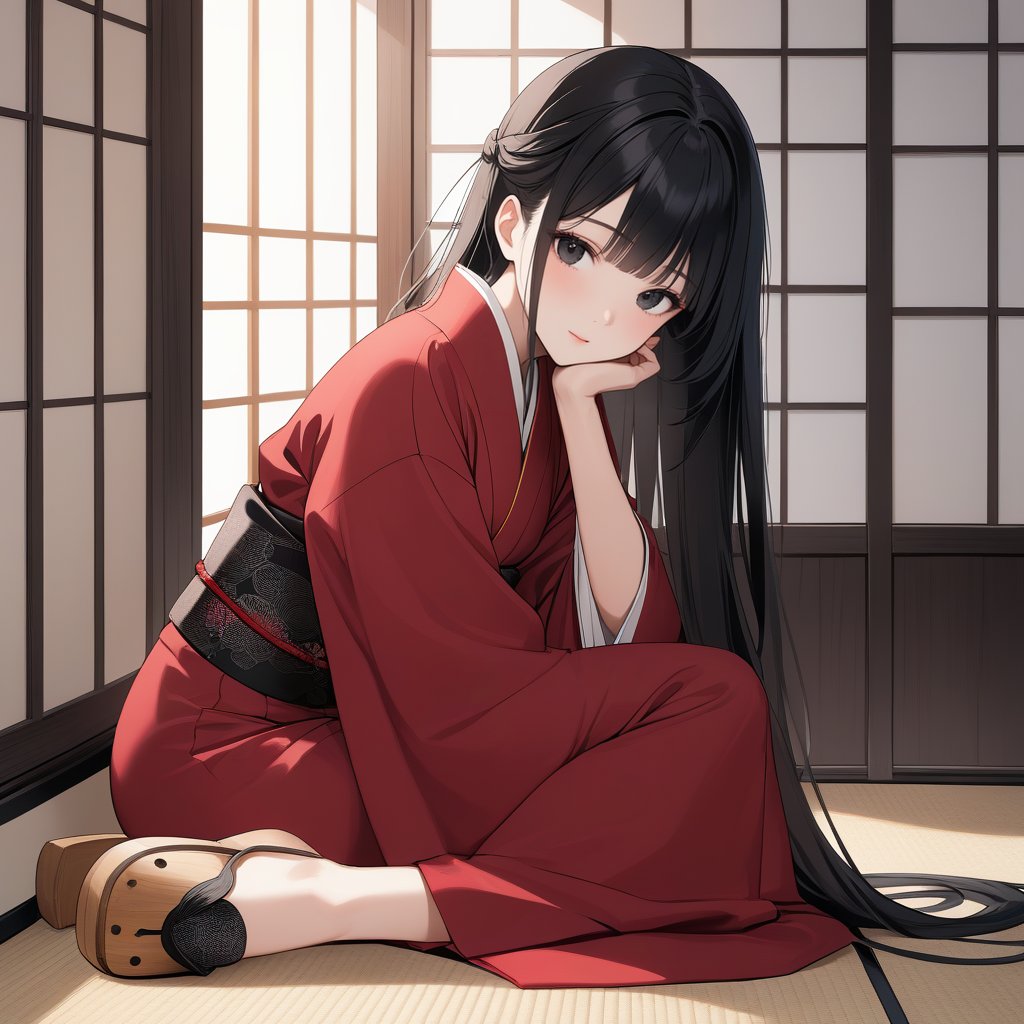 1gril\(22-year-old woman with black long hair in a traditional Japanese "hime" hairstyle, black eyes, D CUP\),
Wearing a red and black kimono,Japanese wooden clogs,
Quiet, elegant, refined,