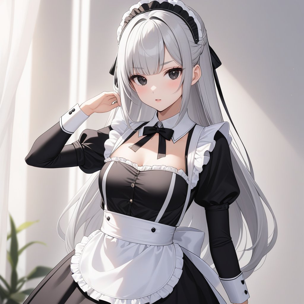 1gril\(21-year-old woman with silver long hair, silky and straight, perfect face, thin eyebrows, black eyes,D CUP,\),
Wearing a luxurious maid outfit,
