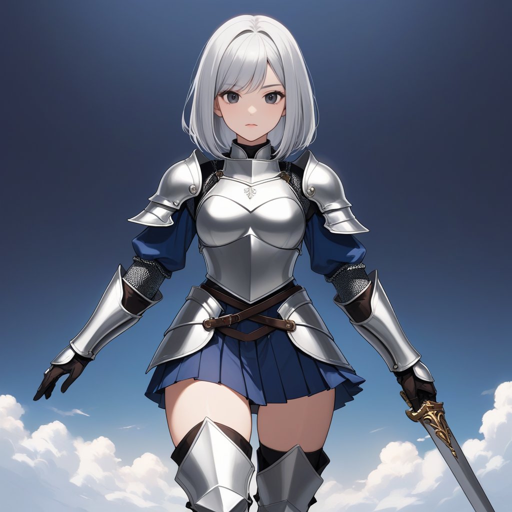 1gril\(20-year-old woman with fair skin, silver hair styled in a chin-length bob, smooth straight hair, and a flawless face featuring slender eyebrows and black eyes,B CUP\),
Wearing a complete set of plate armor, predominantly silver with chainmail underneath and deep blue cotton folds in between, adorned with a pleated short skirt,
Metal pauldrons, vambraces, gauntlets, faulds, greaves, and boots,
Expressionless demeanor,