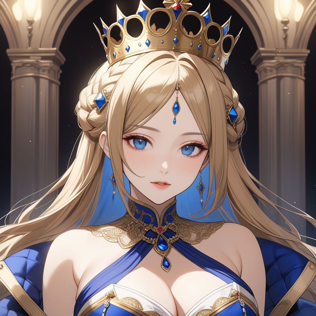 1gril\(41-year-old woman with deep golden hair, braided into a crown, ample bosom, profound facial features, deep blue eyes,longeyelashes,eyeshadow,tsurime,intricately detailed hair,crown braid\),
Wearing a luxurious royal queen attire with a queen's crown,
Gentle, elegant,