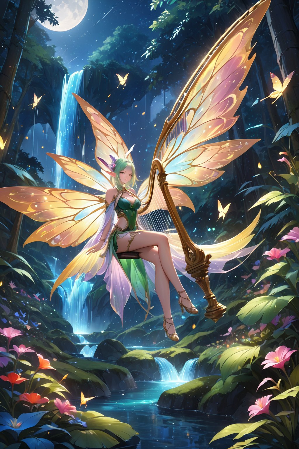 score_9, score_8_up, score_7_up, score_6_up, 
1 girl, beautiful elf girl, elf wings, Play the harp, Magic Forest, Night sky, moon, fireflies, waterfalls, magic elves, 
(Masterpiece, Best Quality, 8k:1.2), (Ultra-Detailed, Highres, Extremely Detailed, Absurdres, Incredibly Absurdres, Huge Filesize:1.1), (Photorealistic:1.3), By Futurevolab, Portrait, Ultra-Realistic Illustration, Digital Painting. ,Strong Backlit Particles,Butterfly Style