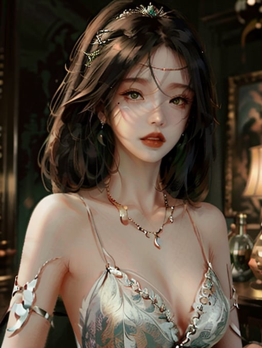 1girl, jewelry, solo, necklace, green eyes, long hair, ponytail, earrings, upper body, breasts, parted lips, bare shoulders, blurry background, blurry, armlet, looking at viewer, red lips, strapless, black hair, brown hair, hair ornament, head chain, lips, circlet, small breasts, makeup, realistic, teeth, <lora:wlop_v1.0:1>, (((masterpiece))),(((best quality))),((ultra-detailed))
