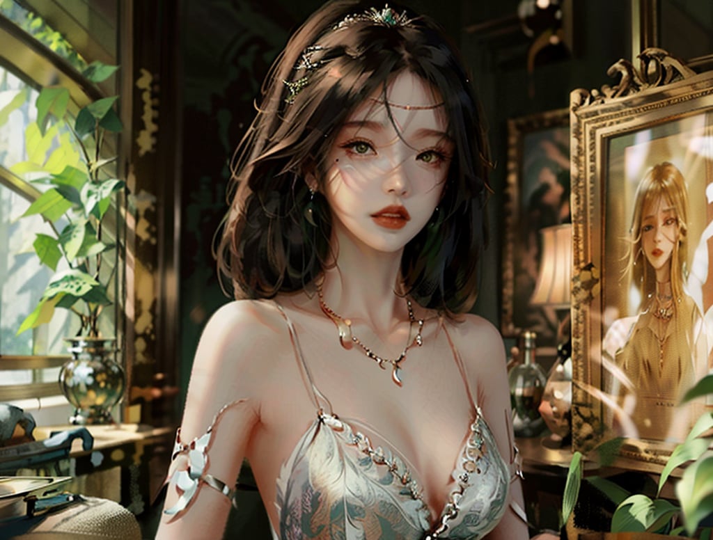 1girl, jewelry, breasts, solo, necklace, green eyes, earrings, upper body, looking at viewer, brown hair, dress, parted lips, blurry background, cleavage, blurry, circlet, bare shoulders, lips, indoors, medium breasts, armlet, tiara, collarbone, medium hair, red lips, long hair, spaghetti strap, realistic, <lora:wlop_v1.0:1>, (((masterpiece))),(((best quality))),((ultra-detailed))