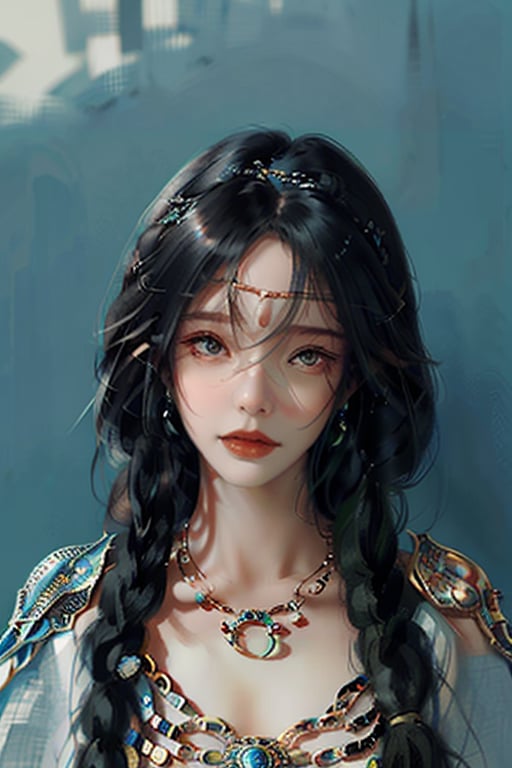1girl, jewelry, solo, earrings, braid, black hair, heterochromia, blue eyes, necklace, long hair, looking at viewer, multiple braids, hair ornament, lips, parted lips, upper body, portrait, blurry <lora:wlop_v1.0:1>, (((masterpiece))),(((best quality))),((ultra-detailed))