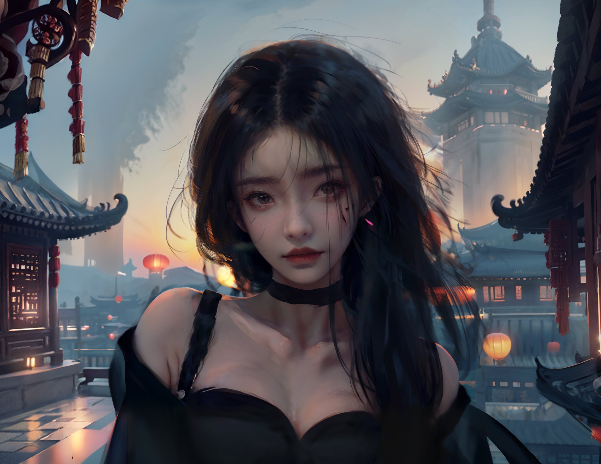 NSFW,Frontal photography,Look front,evening,dark clouds,the setting sun,On the city rooftop,A 20 year old female,Black top,Black Leggings,black hair,long hair,dark theme,muted tones,pastel colors,high contrast,(natural skin texture, chinese architecture, chinese style, eastern elements, architecture, a dim light, high clarity) ((sky background)) (facial highlights),<lora:wlop_v1.0:1>,, (((masterpiece))),(((best quality))),((ultra-detailed))