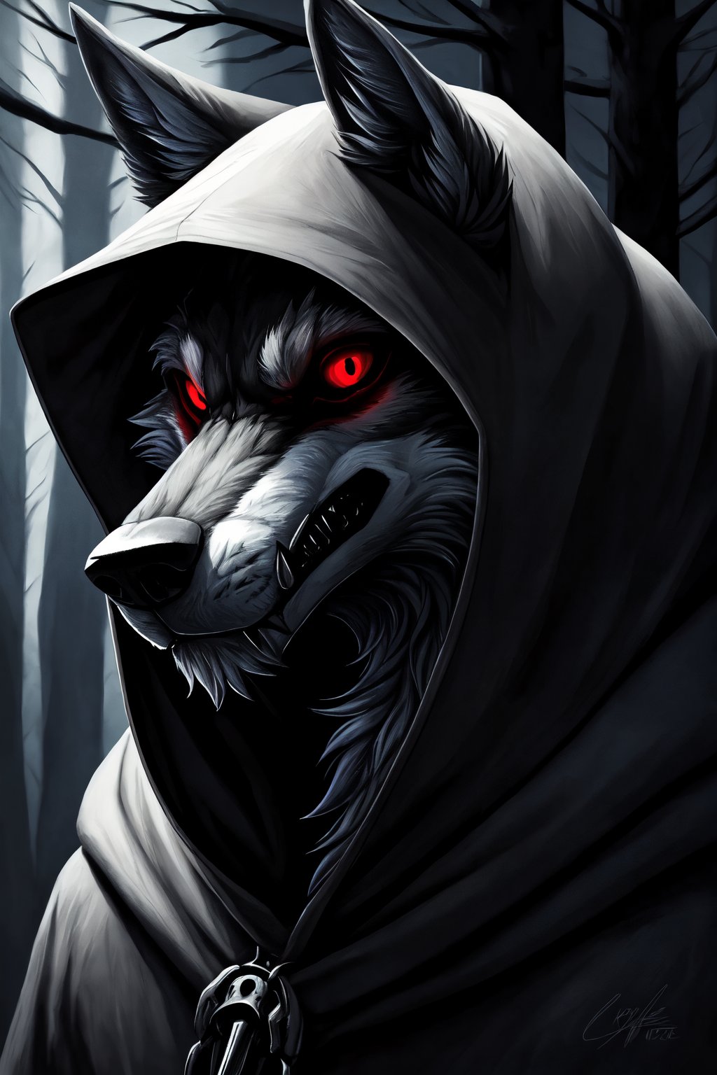 masterpiece, high_resolution, high_detailed, portrait, wolf, male, furry, gray fur, red_sclera, hooded, dark woods, creepy, Death_wolf,death_wolf,fantasy00d