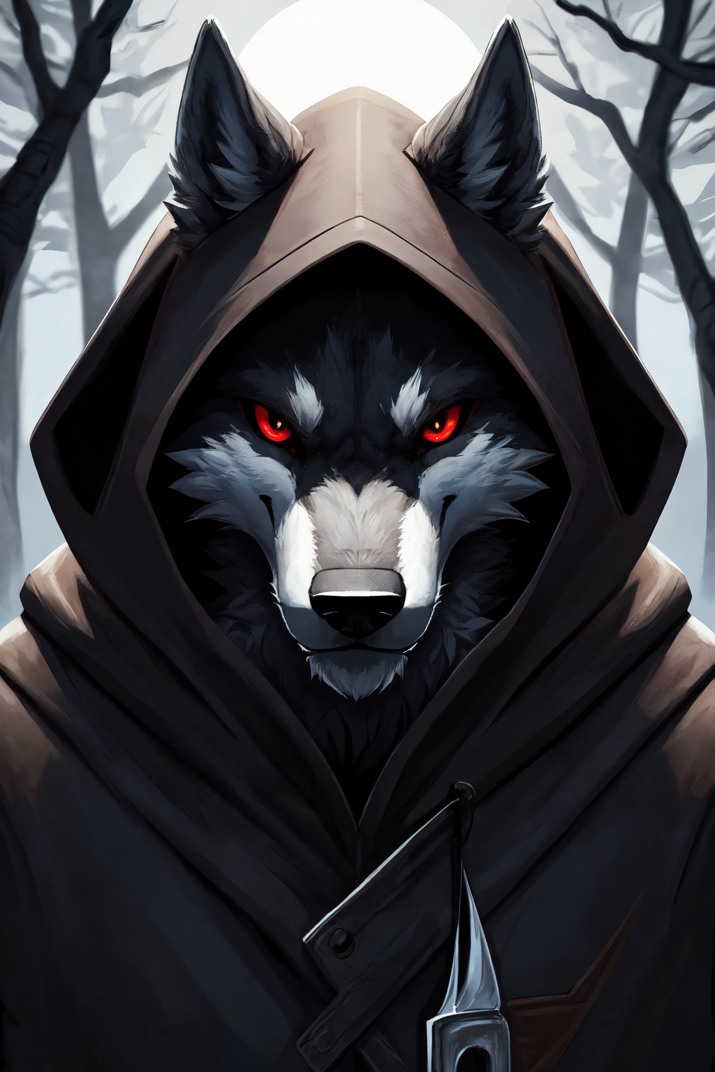 masterpiece, high_resolution, high_detailed, full_body, wolf, male, furry, gray fur, red_sclera, hooded, dark woods, looking_at_viewer, Death_wolf,death_wolf,fantasy00d