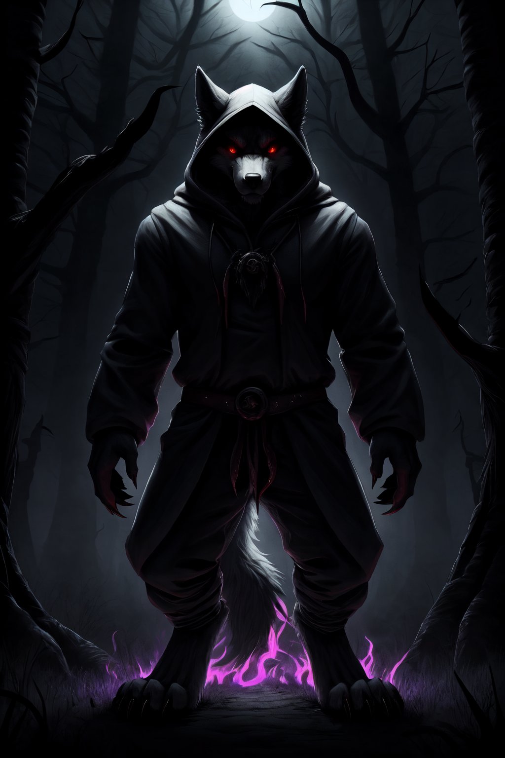 masterpiece, high_resolution, high_detailed, full_body, standing, wolf, male, furry, gray fur, red_sclera, hooded, dark woods, creepy, dark atmosphere, purple flames, Death_wolf, fantasy00d,CarnageStyle