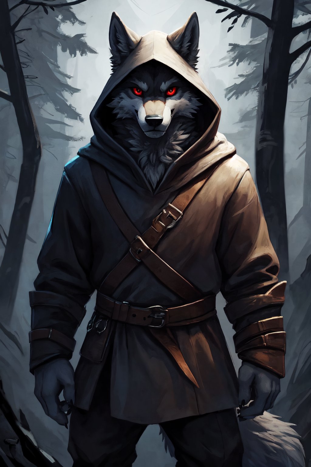 masterpiece, high_resolution, high_detailed, full_body, standing, wolf, male, furry, gray fur, red_sclera, hooded, dark woods, Death_wolf, fantasy00d