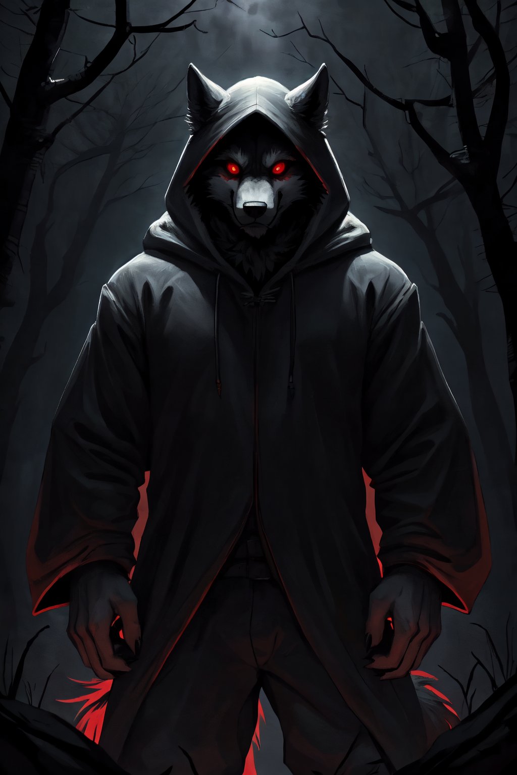 masterpiece, high_resolution, high_detailed, full_body, standing, wolf, male, furry, gray fur, red_sclera, hooded, dark woods, creepy, dark atmosphere, Death_wolf, fantasy00d,CarnageStyle