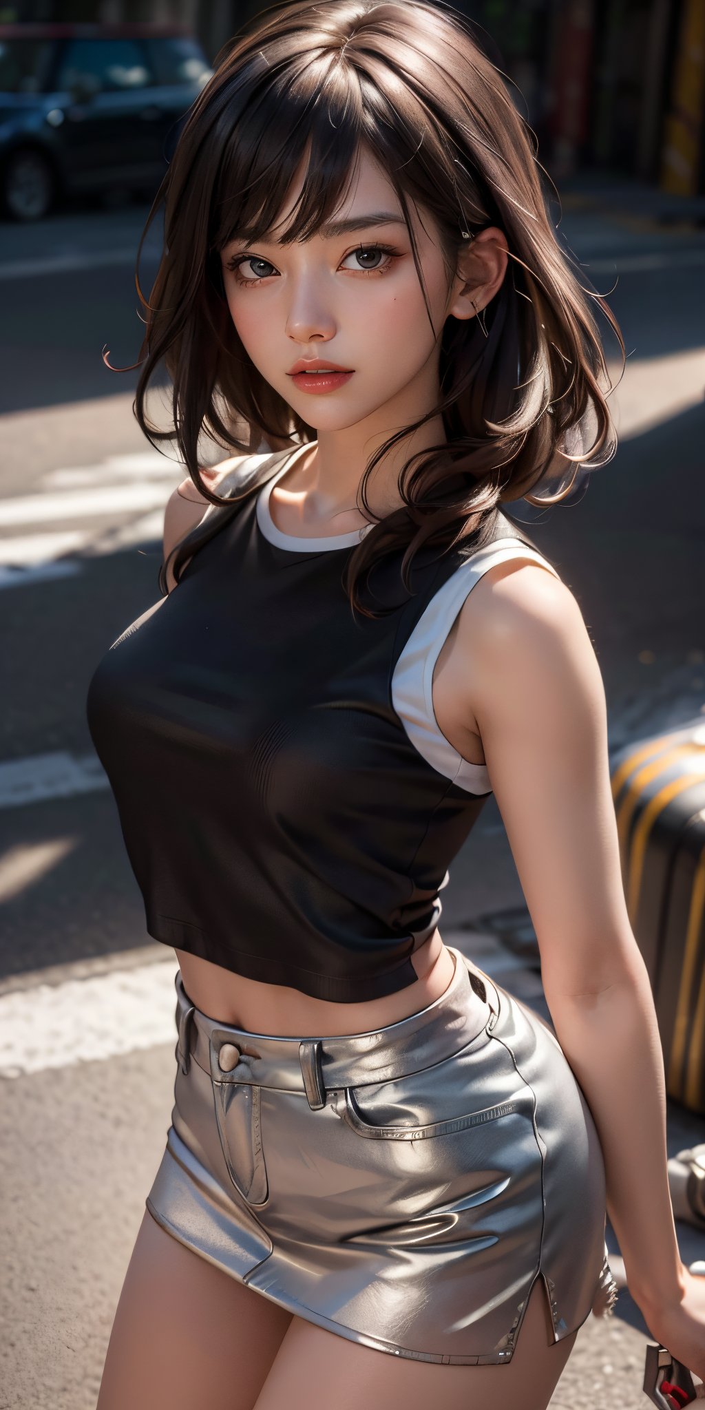 (masterpiece, best quality, photorealistic, raw photo,1 girl, sexy girl, beautiful girl, young girl, solo, Realism,natural light, ray tracing, Subsurface scattering, high-resolution, realistic style, 8k , official art, aesthetic, high contrast, extreme detailed background, soothing tones, 
realistic face,  beautiful face, perfect face, detailed face, 
detailed hair, 
shiny skin, perfect skin:1.2),
 blush, Blunt bangs, 
(tight Mini Skirt, wearing sliver mini skirt, sexy pose, black sleeveless shirt:1.3)