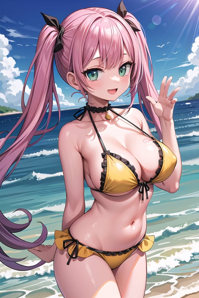 insanely detailed, absurdres, ultra-highres, ultra-detailed, best quality,1girl, solo, nice hands, perfect hands,BREAK(wearing swimwear, yellow bikini with frills:1.2),happy smile, laugh, open mouth,seductive pose, cowboy shot,BREAKslender, kawaii, perfect symmetrical face, ultra cute girl, ultra cute face, ultra detailed eyes, ultra detailed hair, ultra cute, ultra beautiful,BREAKpine tree, beach, coast, blue sky, clouds, ocean, sea horizon, (panorama view:1.3), depth of field,large breasts, cleavage,BREAKpink hair, twintails, dark green eyes