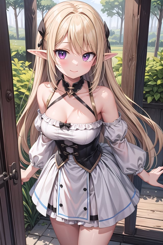 insanely detailed, absurdres, ultra-highres, ultra-detailed, best quality,1girl, solo, nice hands, perfect hands,BREAKwearing dress,happy smile, laugh, closed mouth,walking,from above, cowboy shot,BREAKslender, kawaii, perfect symmetrical face, ultra cute girl, ultra cute face, ultra detailed eyes, ultra detailed hair, ultra cute, ultra beautiful,BREAKin forest,BREAKelf girl, blonde hair, elf ear, pink eyes, medium breasts