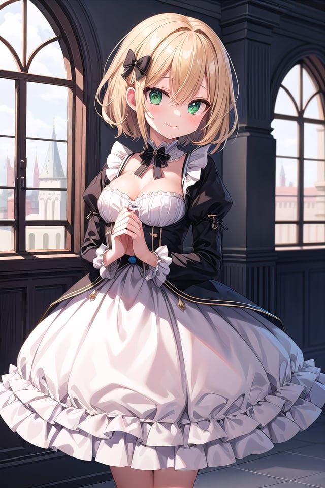 insanely detailed, absurdres, ultra-highres, ultra-detailed, best quality,1girl, solo, nice hands, perfect hands,BREAKprincess, princess dress with many frills, teara on hair,happy smile, laugh, closed mouth,standing, cute pose,45 angle, cowboy shot,BREAKslender, kawaii, perfect symmetrical face, ultra cute girl, ultra cute face, ultra detailed eyes, ultra detailed hair, ultra cute, ultra beautiful,BREAK(fantasy world, in castle), depth of field,medium large breasts,BREAKblonde hair, medium hair, messy hair, green eyes, hair between eyes