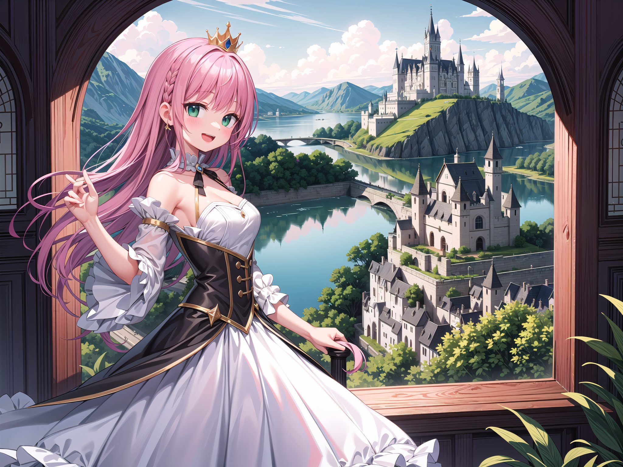 insanely detailed, absurdres, ultra-highres, ultra-detailed, best quality,1 girl, solo, nice hands, perfect hands,BREAK,(wearing princess dress), teara,happy smile, laugh, open mouth,standing,from side, cowboy shot, looking at viewer,BREAK,slender, kawaii, perfect symmetrical face, ultra cute girl, ultra cute face, ultra detailed eyes, ultra detailed hair, ultra cute, ultra beautiful,BREAK,fantasy world, (castle in background, lake:1.3), (very wide, panorama view, sense of depth, magnificent view:1.3)BREAK,princess girl, pink hair, green eyes, medium breasts