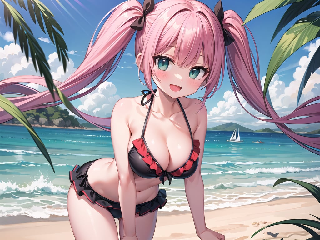 insanely detailed, absurdres, ultra-highres, ultra-detailed, best quality,1girl, solo, nice hands, perfect hands,BREAK(wearing swimwear, bikini with frills:1.2),happy smile, laugh, open mouth,standing, cowboy shot,BREAKslender, kawaii, perfect symmetrical face, ultra cute girl, ultra cute face, ultra detailed eyes, ultra detailed hair, ultra cute, ultra beautiful,BREAKsand beach, coast, blue sky, clouds, ocean, sea horizon, (panorama view:1.3), depth of field,large breasts, cleavage,BREAKpink hair, twintails, dark green eyes