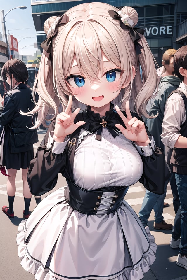 insanely detailed, absurdres, ultra-highres, ultra-detailed, best quality,1girl, solo, nice hands, perfect hands,BREAK(wearing harajuku-style coordinate),happy smile, laugh, open mouth,dynamic pose,45 angle, cowboy shot,BREAKslender, kawaii, perfect symmetrical face, ultra cute girl, ultra cute face, ultra detailed eyes, ultra detailed hair, ultra cute, ultra beautiful,BREAKin harajuku, shibuya, tokyo, street, crowd, cityscape,medium large breasts,BREAK, (white) blonde hair, medium hair, messy hair, blue eyes, hair between eyes