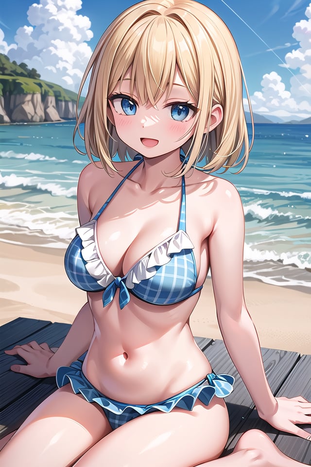 insanely detailed, absurdres, ultra-highres, ultra-detailed, best quality,(wearing pastel blue pink bikini with checked pattern with frills:1.3),1 girl, solo, happy smile, laugh, open mouth,BREAKsitting on beach, dynamic pose, cowboy shot, looking at viewer,slender, kawaii, perfect symmetrical face, ultra cute girl, ultra cute face, ultra detailed eyes, ultra detailed hair, ultra cute, ultra beautiful,BREAKbeach, coast, ocean, blue sky, cloud, outdoor, ultra detailed background,large breasts, cleavage, (blonde medium hair, blue eyes:1.2)