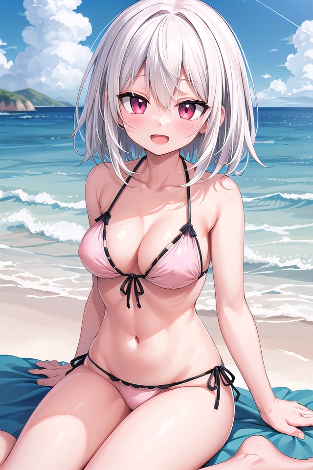 insanely detailed, absurdres, ultra-highres, ultra-detailed, best quality,(wearing pastel pink bikini:1.2),1 girl, solo, happy smile, laugh, open mouth,BREAKsitting on beach, dynamic pose, cowboy shot, looking at viewer,slender, kawaii, perfect symmetrical face, ultra cute girl, ultra cute face, ultra detailed eyes, ultra detailed hair, ultra cute, ultra beautiful,BREAKbeach, coast, ocean, blue sky, cloud, outdoor, ultra detailed background,medium large breastsBREAK(white hair:1.3), medium hair, dark red eyes