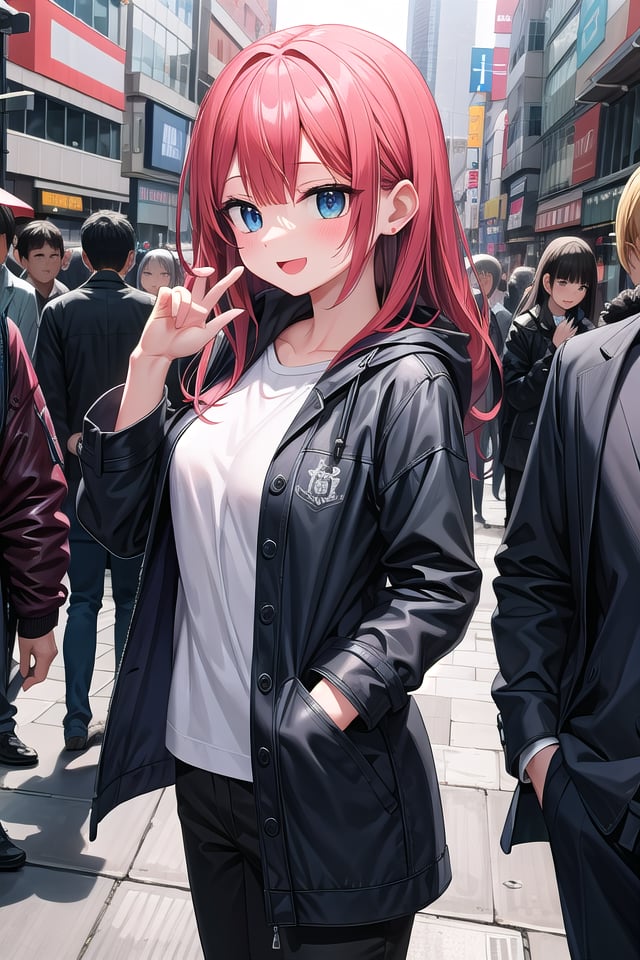 insanely detailed, absurdres, ultra-highres, ultra-detailed, best quality,1girl, solo, nice hands, perfect hands,BREAKmaxi coat, long sleeve shirt, chino pantsBREAKhappy smile, laugh, open mouth, standing,from side,cute pose, cowboy shot,BREAKslender, kawaii, perfect symmetrical face, ultra cute girl, ultra cute face, ultra detailed eyes, ultra detailed hair, ultra cute, ultra beautiful,BREAKin harajuku, shibuya, tokyo, street, crowd, cityscape,BREAKlarge breasts,(red hair, blue eyes), hime cut