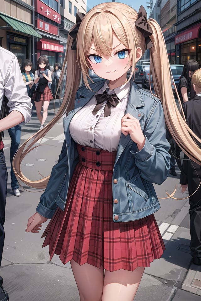 insanely detailed, absurdres, ultra-highres, ultra-detailed, best quality,1girl, solo, nice hands, perfect hands,BREAKlanky,gothic dress,nylon clothes,denim dress,saddle jacket,red tartan-check pleated skirtBREAK(smirking, evil smile:1.2), closed mouth, (:3:1.3), v-shaped eyebrows, standingBREAKslender, kawaii, perfect symmetrical face, ultra cute girl, ultra cute face, ultra detailed eyes, ultra detailed hair, ultra cute, ultra beautiful,BREAKin harajuku, shibuya, tokyo, street, crowd, cityscape,BREAKmedium large breasts,blonde hair, blue eyes, twintails