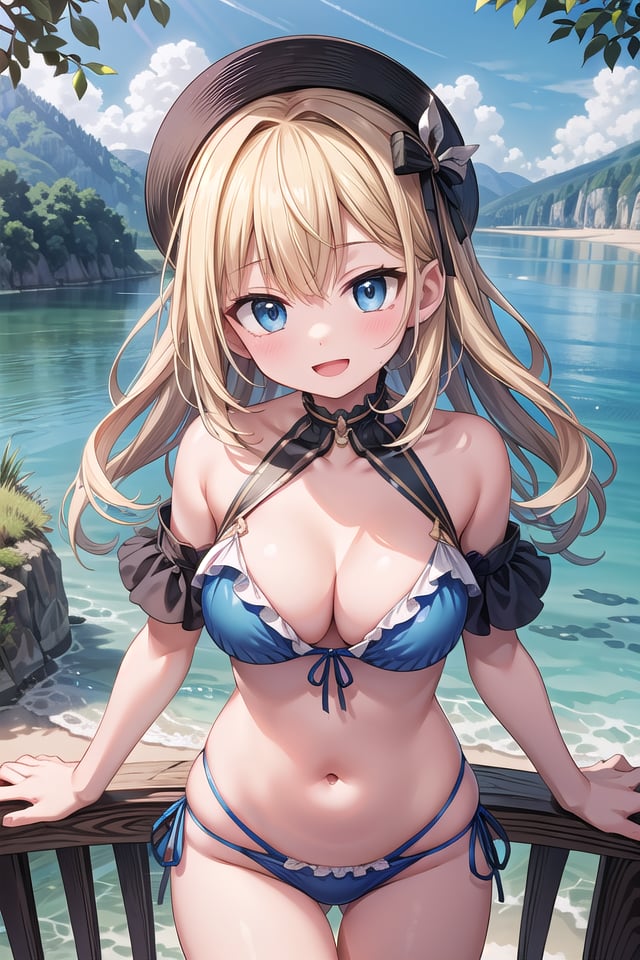 insanely detailed, absurdres, ultra-highres, ultra-detailed, best quality,1girl, solo, nice hands, perfect hands,BREAKswimwear, bikini with frills,happy smile, laugh, open mouth,cute pose, cowboy shot, from below,BREAKslender, kawaii, perfect symmetrical face, ultra cute girl, ultra cute face, ultra detailed eyes, ultra detailed hair, ultra cute, ultra beautiful,BREAKin forest, lake, (very wide, panorama view, sense of depth, magnificent view:1.3)BREAKmedium breasts, ,(blonde medium hair, blue eyes), hime cut