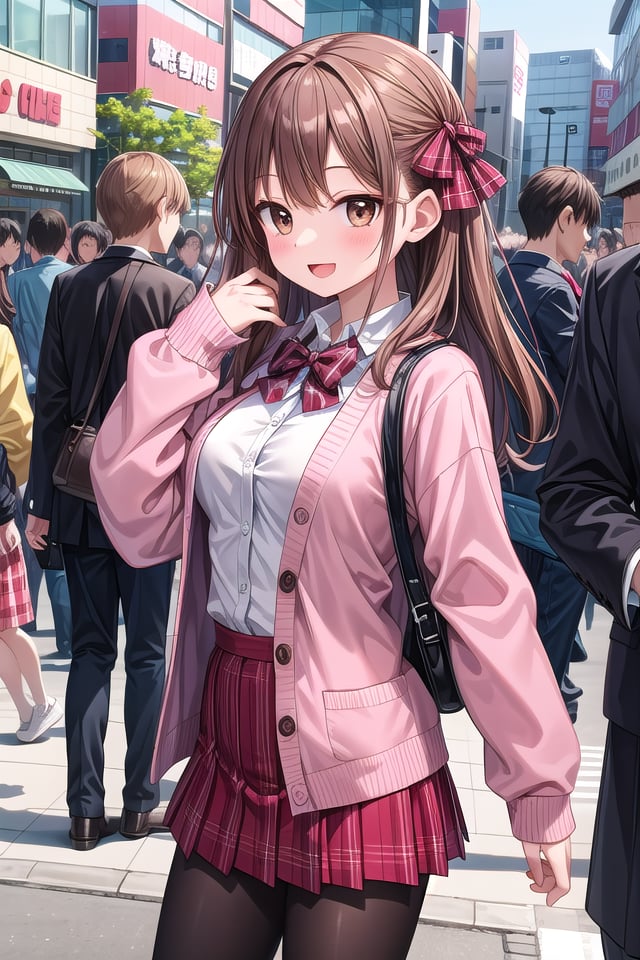 insanely detailed, absurdres, ultra-highres, ultra-detailed, best quality,1girl, solo, nice hands, perfect handsBREAK(School Uniforms:1.2), (pink cardigan is fit body:1.4), ((do up a buttons, not loose):1.5), ((long sleeve, sleeves past wrists):1.2), (inner wear is white collared-shirt:1.3), (red plaid-pattern bow:1.3), (red plaid-pattern pleated skirt:1.3), ((dark-brown pantyhose, loafers):1.2) ,BREAKhappy smile, laugh, open mouth, standing,from side,cute pose, cowboy shot,BREAKslender, kawaii, perfect symmetrical face, ultra cute girl, ultra cute face, ultra detailed eyes, ultra detailed hair, ultra cute, ultra beautiful,BREAKin harajuku, shibuya, tokyo, street, crowd, cityscape,BREAKmedium large breasts,(brown hair, brown eyes), hime cut