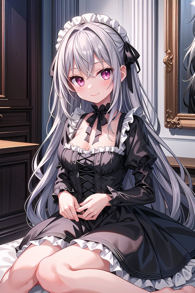 ((masterpiece:1.4, best quality)), ((masterpiece, best quality)),one girl, cute girl, silver hair, long hair, pink eyes, smile, black gothic dress, white frill, hair dress,indoors, castle, gothic, cute pose