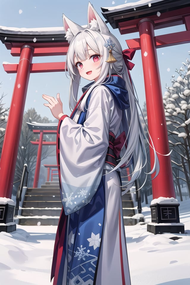 insanely detailed, absurdres, ultra-highres, ultra-detailed, best quality,1girl, solo, nice hands, perfect hands,BREAKmiko, hanfu, winter hanfu, cloak, (bare shoulder:-1.5), (cleavage:-1.5)BREAKhappy smile, laugh, open mouth, standing,from side,cute pose, cowboy shot,BREAKslender, kawaii, perfect symmetrical face, ultra cute girl, ultra cute face, ultra detailed eyes, ultra detailed hair, ultra cute, ultra beautiful,BREAKjapan, shrine, snowing, snowflake, snow, torii gate, stone steps, shrine architectureBREAK(white blue hair:1.2), very long hair, red eyes, two-tone hair, hair ornament, fox ears, fox tail, multiple tails,