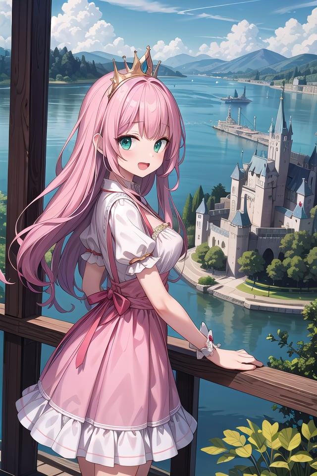 insanely detailed, absurdres, ultra-highres, ultra-detailed, best quality,1 girl, solo, nice hands, perfect hands,BREAK,(wearing princess dress), teara,happy smile, laugh, open mouth,standing,from side, cowboy shot, looking at viewer,BREAK,slender, kawaii, perfect symmetrical face, ultra cute girl, ultra cute face, ultra detailed eyes, ultra detailed hair, ultra cute, ultra beautiful,BREAK,fantasy world, (castle in background, lake:1.3), (very wide, panorama view, sense of depth, magnificent view:1.3)BREAK,princess girl, pink hair, green eyes, medium breasts