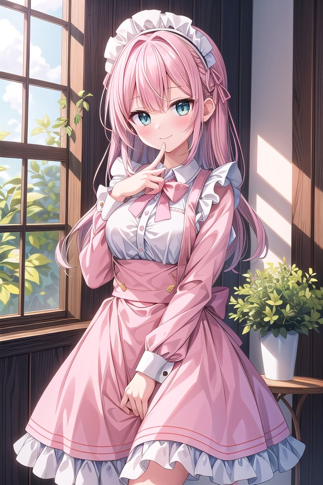 insanely detailed, absurdres, ultra-highres, ultra-detailed, best quality,1girl, solo, nice hands, perfect hands,BREAKapron, blush, bow, bowtie, frilled apron, frills, long sleeves, maid, maid apron, maid headdress, waist apron, white apronBREAKsmile, closed mouthBREAKfinger to mouth, index finger raised, shushing, cowboy shot, looking at viewer,BREAKslender, kawaii, perfect symmetrical face, ultra cute girl, ultra cute face, ultra detailed eyes, ultra detailed hair, ultra cute, ultra beautiful,BREAKday, flower, ivy, leaf, indoors, open door, plant, potted plant, vines, window,BREAKwhite (pink:1.2) hair, green eyes, long hair, medium breasts, bangs, eyebrows visible through hair,