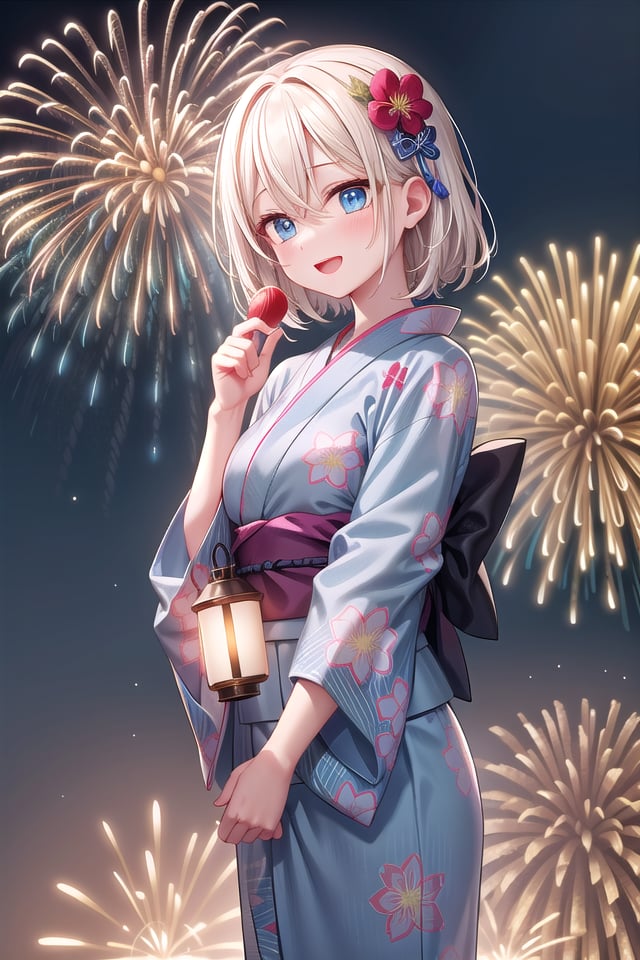 insanely detailed, absurdres, ultra-highres, ultra-detailed, best quality,1girl, solo, nice hands, perfect hands,BREAK(traditional blue yukata, exquisitely detailed yukata patterns, yukata with many many flower patterns: 1.3),BREAKhappy smile, laugh, open mouth, standing, seductive pose,from below, cowboy shot,BREAKslender, kawaii, perfect symmetrical face, ultra cute girl, ultra cute face, ultra detailed eyes, ultra detailed hair, ultra cute, ultra beautiful,BREAK(fireworks, rainbow colored fireworks, sky filled with fireworks, many many fireworks, aerial fireworks, firecrackers, many object, a lot of glowing particles, Sparks of seven colors, fireworks fill the screen, Fill the screen, surrounded by fireworks, beautiful detailed fireworks:1.30),(fireworks fill the screen, surrounded by fireworks, beautiful detailed fireworks:1.3),BREAK(at night), festive atmosphere, summer festival vibes, illuminated lanterns, crowded with people, festive decorations, extremely detailed background,BREAK(white) blonde hair, medium hair, messy hair, blue eyes, hair between eyes