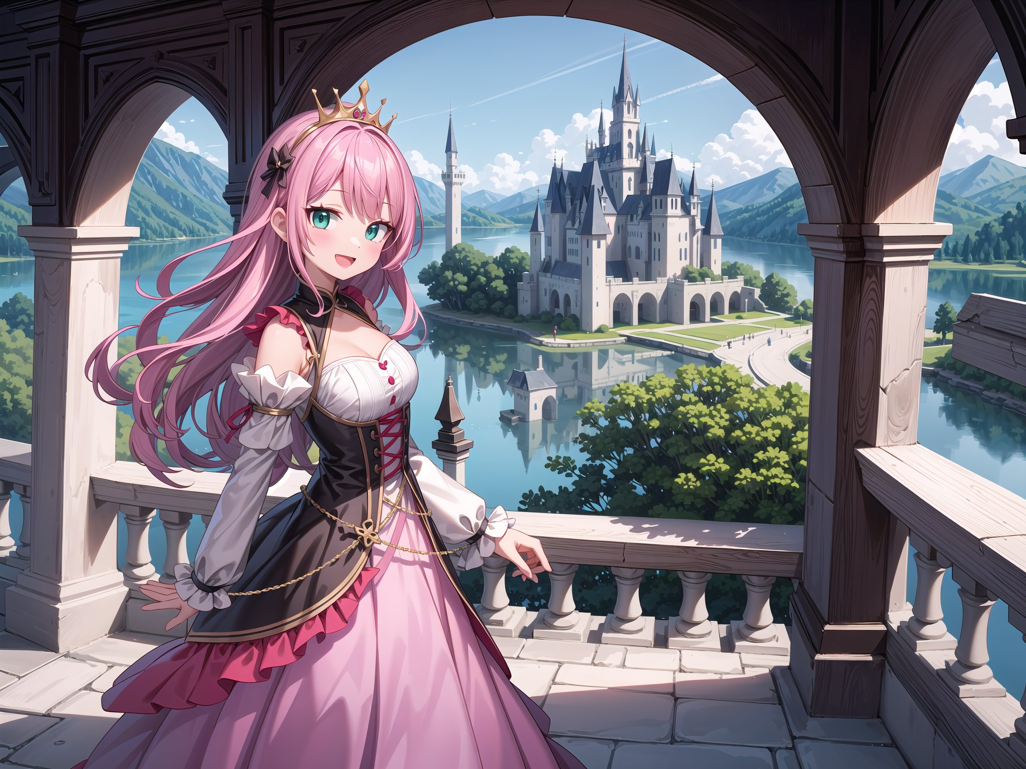 insanely detailed, absurdres, ultra-highres, ultra-detailed, best quality,1 girl, solo, nice hands, perfect hands,BREAK,(wearing princess dress), teara,happy smile, laugh, open mouth,standing,from side, cowboy shot, looking at viewer,BREAK,slender, kawaii, perfect symmetrical face, ultra cute girl, ultra cute face, ultra detailed eyes, ultra detailed hair, ultra cute, ultra beautiful,BREAK,fantasy world, (castle in background, lake:1.3), (very wide, panorama view, sense of depth, magnificent view:1.3)BREAK,princess girl, pink hair, green eyes, medium breasts