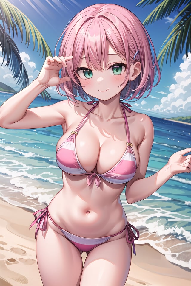 insanely detailed, absurdres, ultra-highres, ultra-detailed, best quality,1girl, solo, nice hands, perfect hands,BREAK(pastel colored bikini:1.3),happy smile, laugh, closed mouth,standing, seductive pose, cowboy shot,BREAKslender, kawaii, perfect symmetrical face, ultra cute girl, ultra cute face, ultra detailed eyes, ultra detailed hair, ultra cute, ultra beautiful,at seashore, coast, beach, tropical, sky, blue ocean,(medium large breasts, cleavage:1.3),BREAK, (pink hair),(emerald green eyes),(short hair)