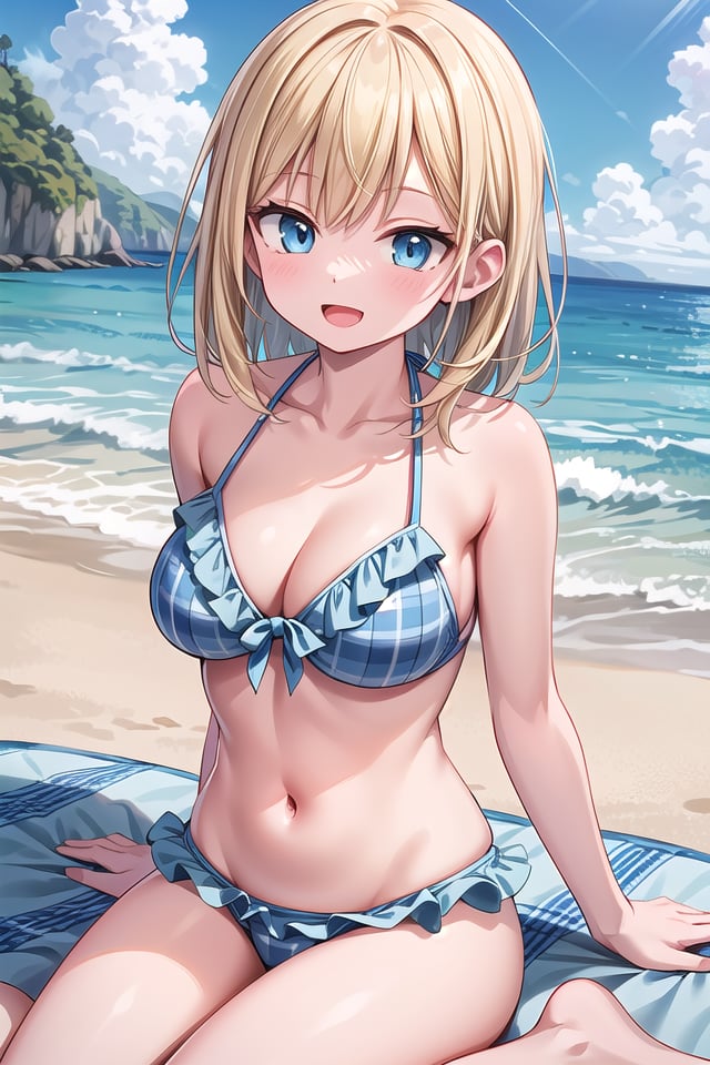 insanely detailed, absurdres, ultra-highres, ultra-detailed, best quality,(wearing pastel blue pink bikini with checked pattern with frills:1.3),1 girl, solo, happy smile, laugh, open mouth,BREAKsitting on beach, dynamic pose, cowboy shot, looking at viewer,slender, kawaii, perfect symmetrical face, ultra cute girl, ultra cute face, ultra detailed eyes, ultra detailed hair, ultra cute, ultra beautiful,BREAKbeach, coast, ocean, blue sky, cloud, outdoor, ultra detailed background,large breasts, cleavage, (blonde medium hair, blue eyes:1.2)