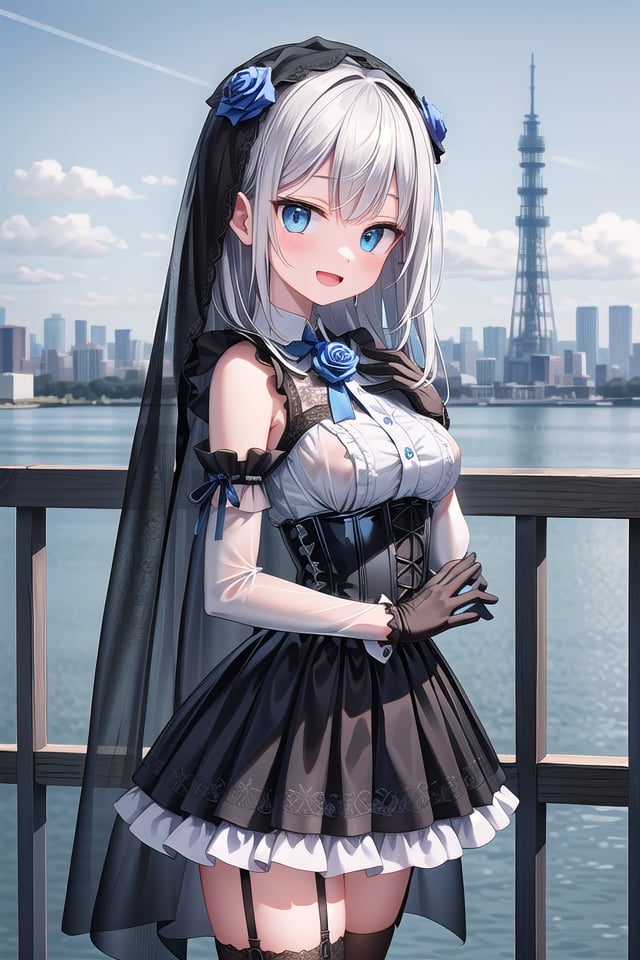 (cleavage:-1.5), insanely detailed, absurdres, ultra-highres, ultra-detailed, best quality,1girl, solo, nice hands, perfect hands,BREAK(fusion of black mourning-dress and black wedding dress:1.2), (gothic dress:1.3), (light-blue and black theme:1.3), ((black mourning-veil, black see-through wedding-veil):1.5), ((black latex corset, light-blue breast-cup):1.4), (short puff-sleeve:1.3), ((white collar, tie-bow):1.3), ((ruffle-skirt, multilayer-skirt):1.4), ((stockings, garter belt):1.3), (see-through long gloves:1.3), (blue rose decoration on head:1.3), (high heels:1.1)BREAKhappy smile, laugh, open mouth,standing,own hands together,from side, cowboy shot,BREAKslender, kawaii, perfect symmetrical face, ultra cute girl, ultra cute face, ultra detailed eyes, ultra detailed hair, ultra cute, ultra beautiful,BREAKultra detailed background, day, blue sky, (cityscape of tokyo in background, bay side, panorama view:1.3), (evening:-1.5),medium breasts, white hair, blue eyes