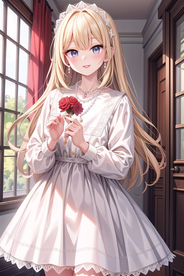 insanely detailed, absurdres, ultra-highres, ultra-detailed, best quality,1girl, solo, nice hands, perfect hands,BREAK(dress, eyelashes, jewelry, lace trimmed dress, lace trim, lips, necklace, pearl necklace, red lips, white dress:1.3)BREAKhappy smile, laugh, closed mouth, standing,,cute pose, cowboy shot, looking at viewerBREAKslender, kawaii, perfect symmetrical face, ultra cute girl, ultra cute face, ultra detailed eyes, ultra detailed hair, ultra cute, ultra beautiful,BREAKin hotel roomBREAKlarge breasts, blonde long hair, bangs, (cleavage:-1.5)