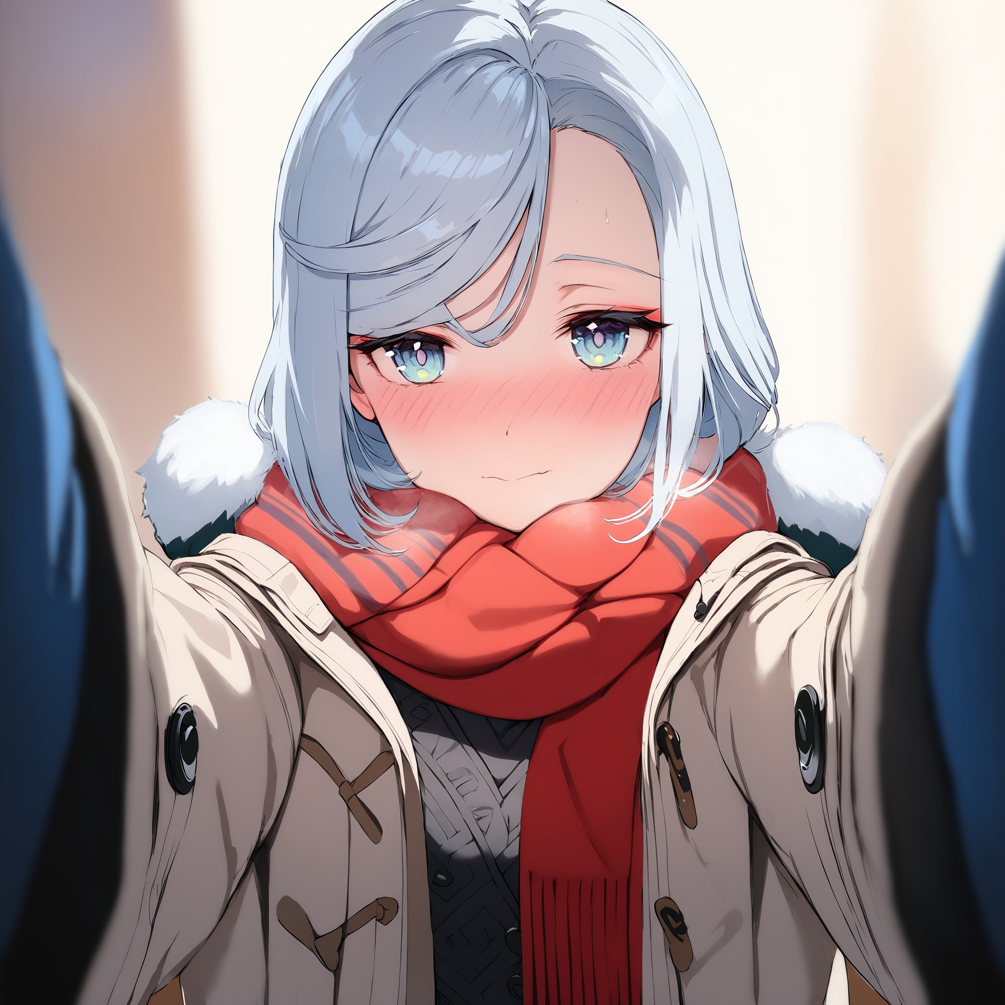 <lora:xl_pov_cheek_warming(kohaku_delta):1>,scarf,looking at viewer,blush,winter clothes,coat,blurry,pov,shenhe \(genshin impact\),, masterpiece, best quality,