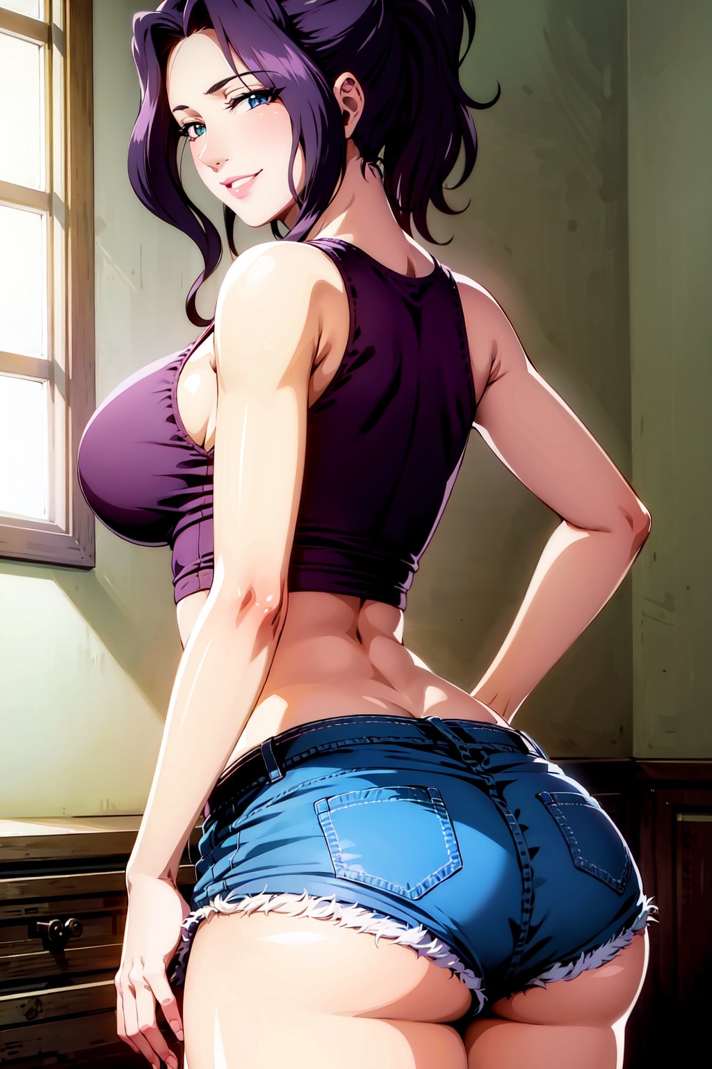 (masterpiece), (best quality), 1girl, Mitsuko, purple hair, ponytail, large breasts, mature female, looking at viewer, looking back, smiling, crop_tank_top, micro shorts, indoors, retro anime