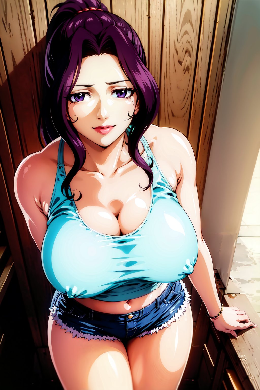 (masterpiece), (best quality), 1girl, Mitsuko, purple hair, ponytail, large breasts, mature female, looking at viewer, smiling, standing, crop_tank_top, cleavage, micro shorts, indoors, retro anime